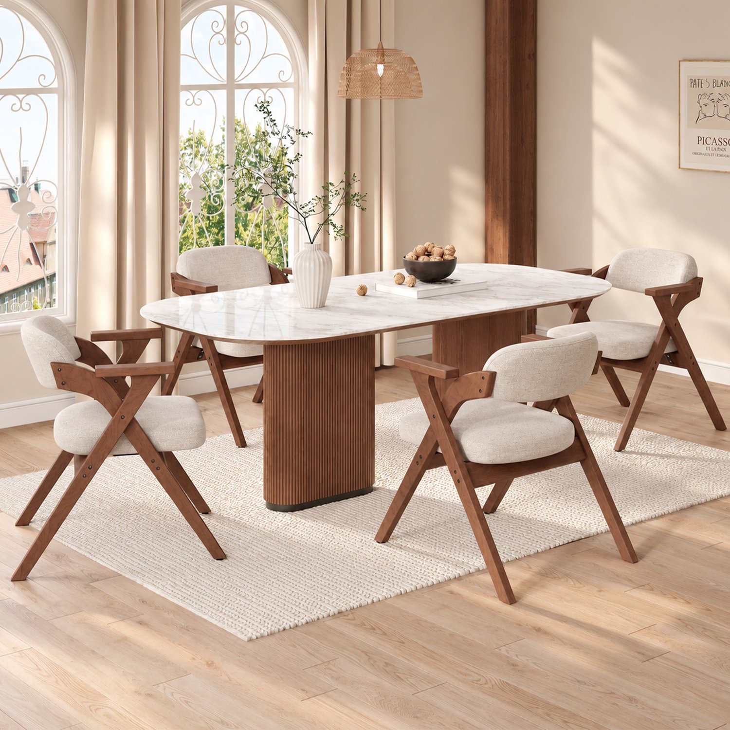 Clruro Eetkamerstoelen - 4 Stuks - Inklapbaar met Armleuningen - Hout/Linnen - Walnoot en Beige