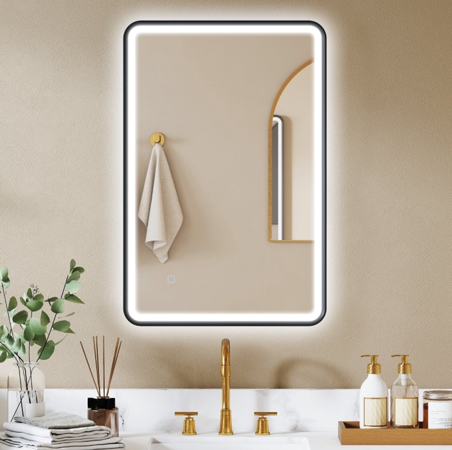 HAUSS SPOLE Badkamerspiegel Dimbaar – 60 x 90 cm – Gehard Glas en Aluminiumlegering – Zwart – Drie Lichtkleuren – Anticondens en Geheugenfunctie