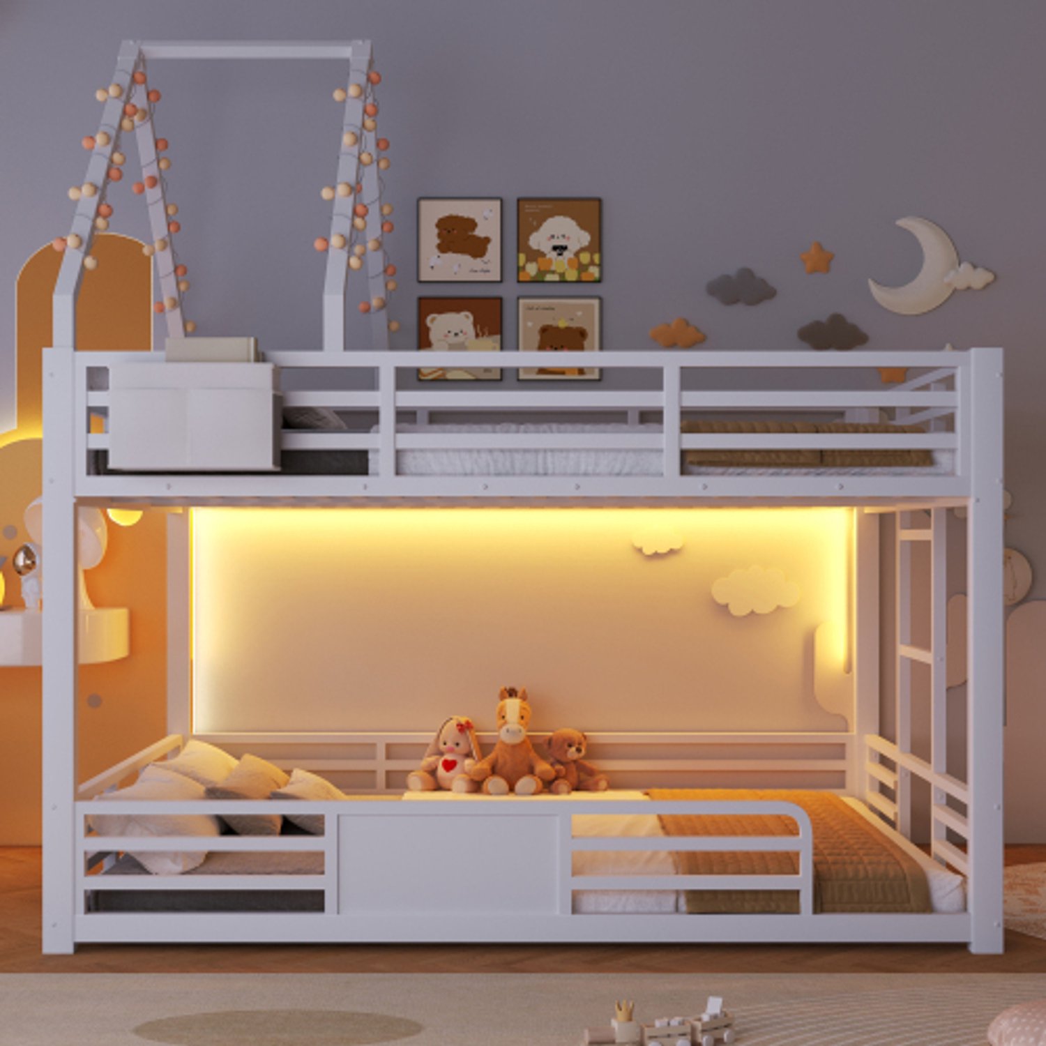 Zubaliya 140x200 cm Stapelbed van metaal met LED-verlichting, Kinderbed, Tweepersoonsbed, huisbed-ontwerp, DIY-dakframe, stoffenzak-opbergruimte & veiligheidsleuning, Wit