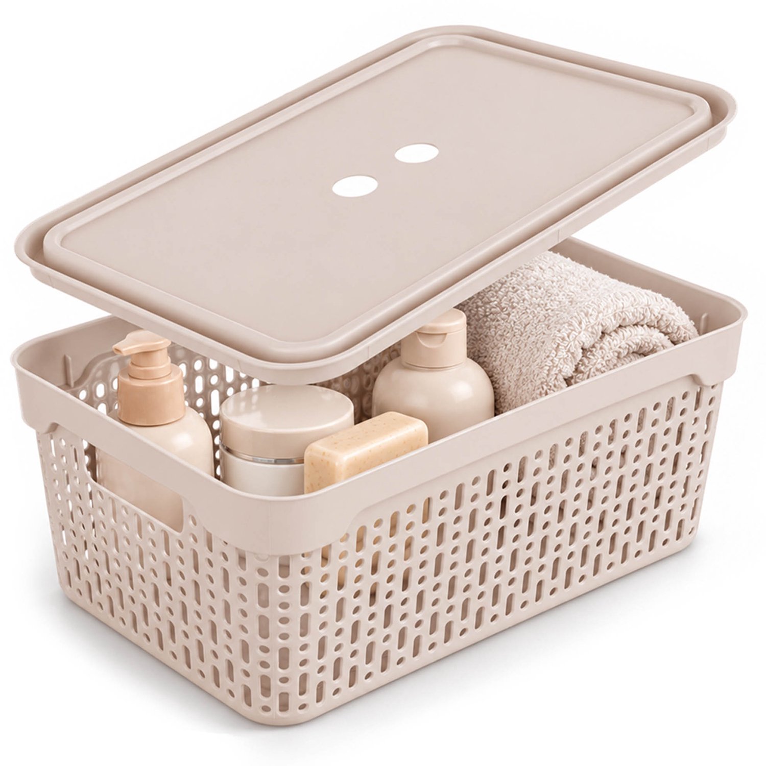 KADAX opbergdoos met deksel, 30 x 20 x 12 cm, opbergmand, stapelbare kunststof doos, opbergdoos van kunststof, opbergdoos voor plank en kast, beige