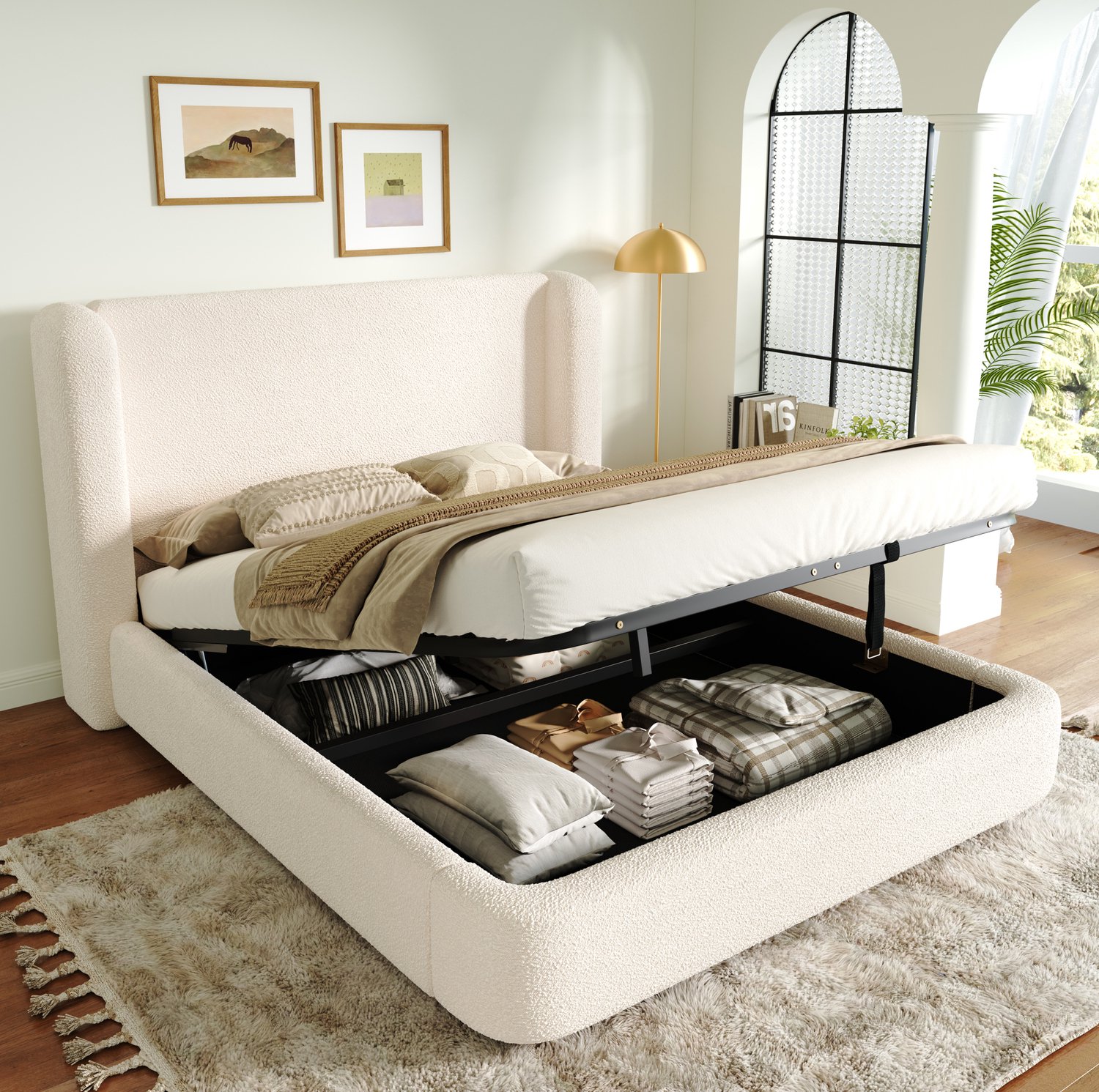 Maisentiel Gestoffeerd tweepersoonsbed 180 x 200 cm - beige bouclé - opbergruimte en lattenbodem