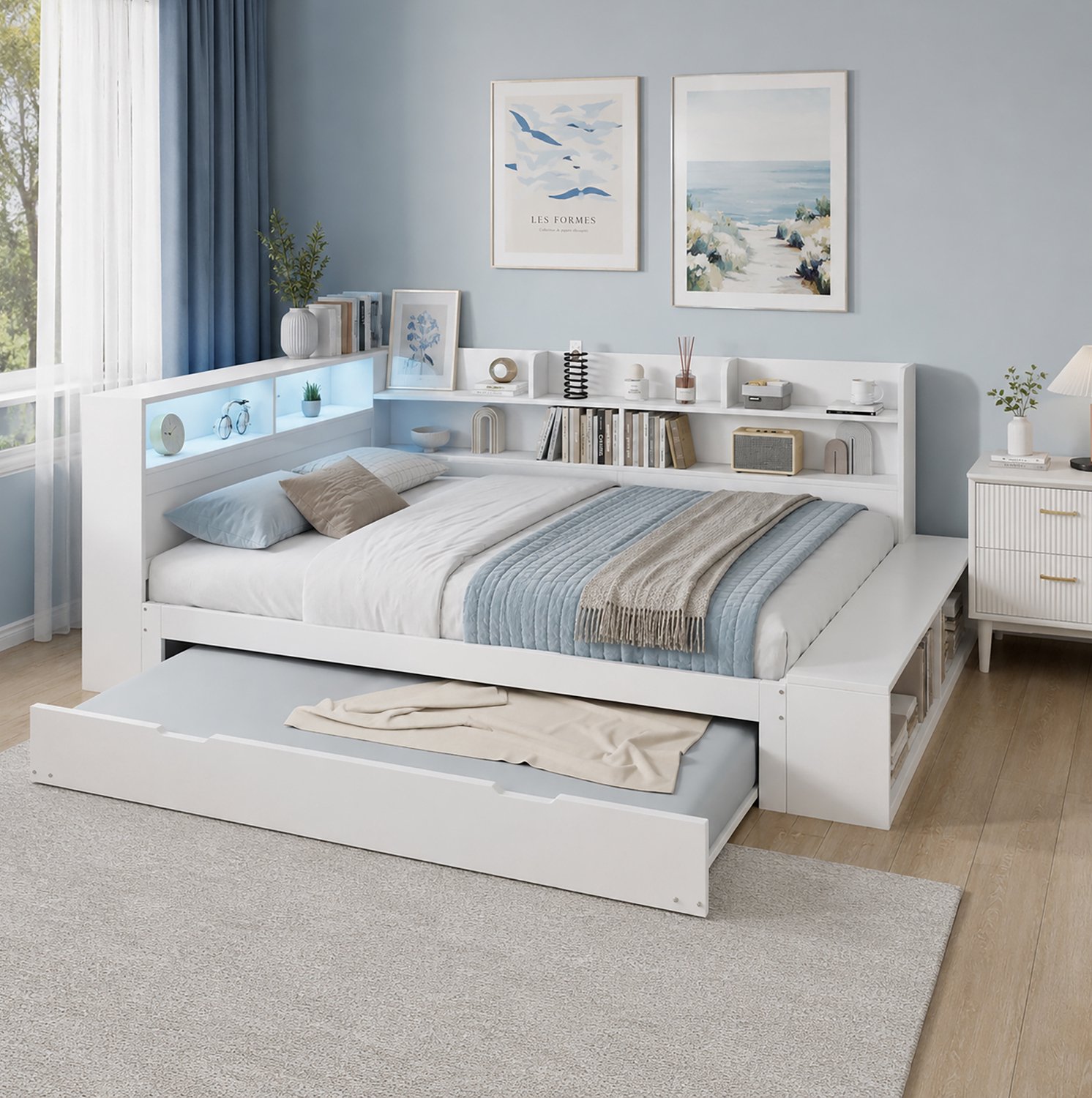 Maisentiel Houten bed 120 x 200 cm met uitschuifbed 90 x 190 cm, opbergruimte en ledverlichting - wit