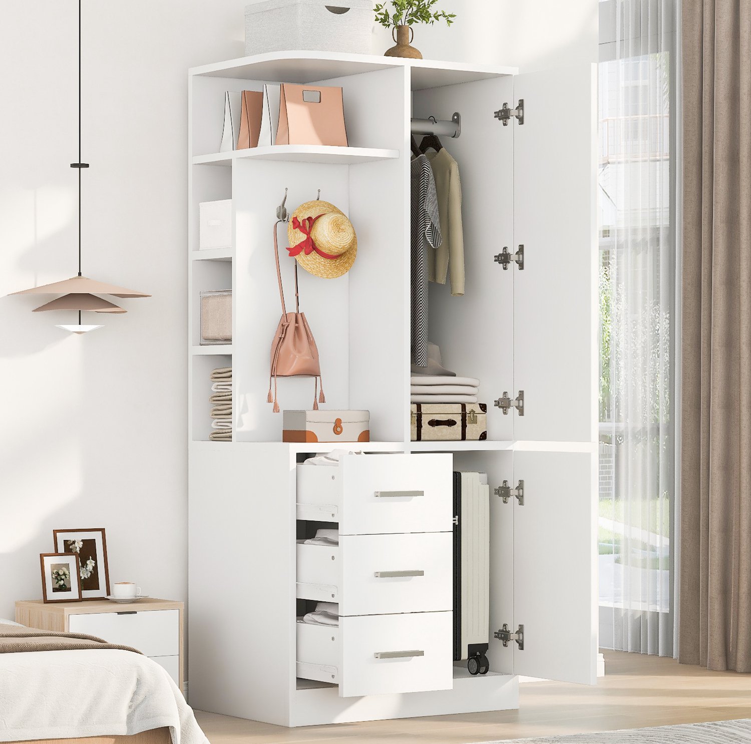 REDOM Kledingkast 70 x 50 x 170 cm - 1 deur, lades, kledingroede, legplanken en haken - Wit