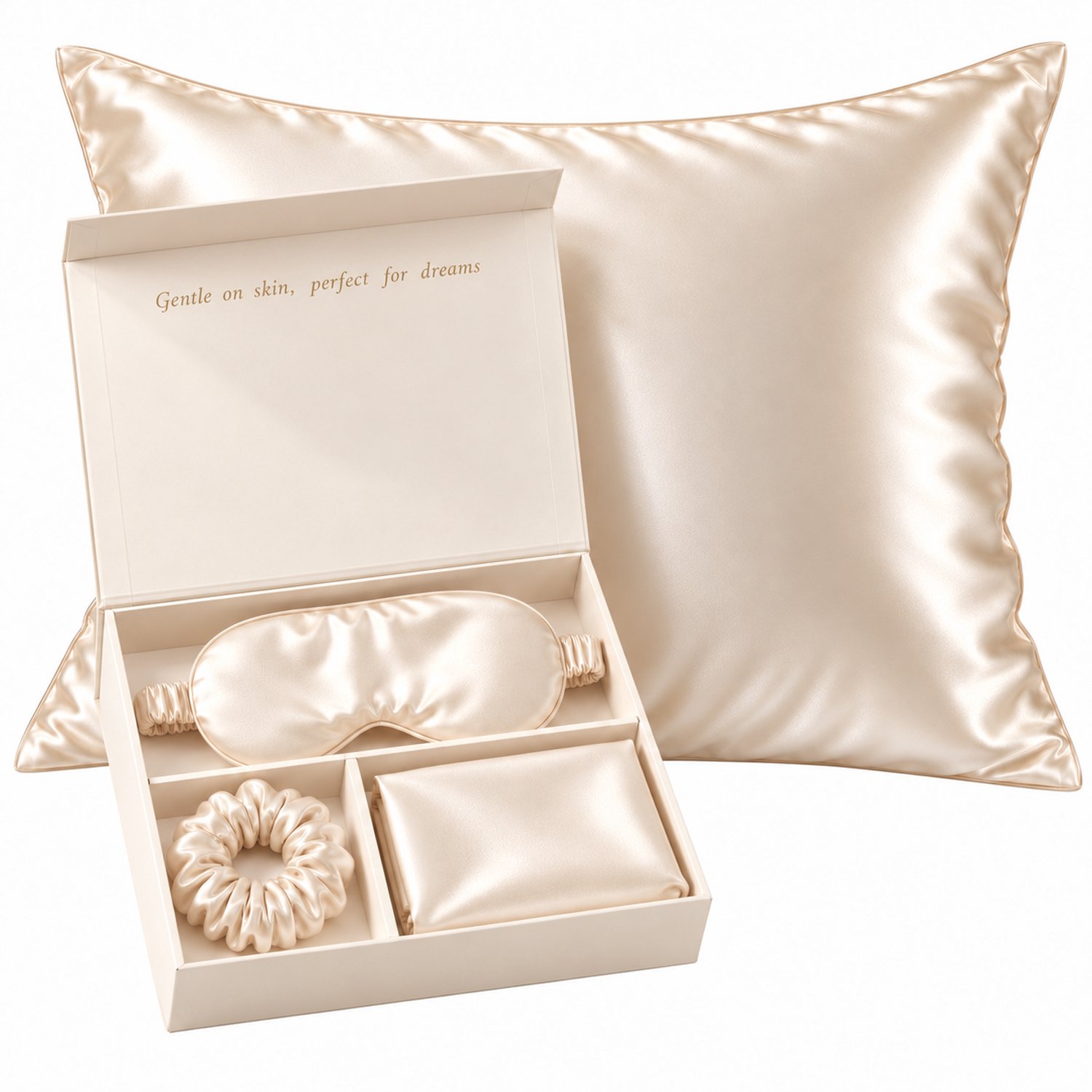 Puruvera Zijden Kussensloop Cadeauset - 60x70 cm met Slaapmasker en Scrunchie - 100% Moerbeizijde (Mulberry) - 25 Momme - Champagne