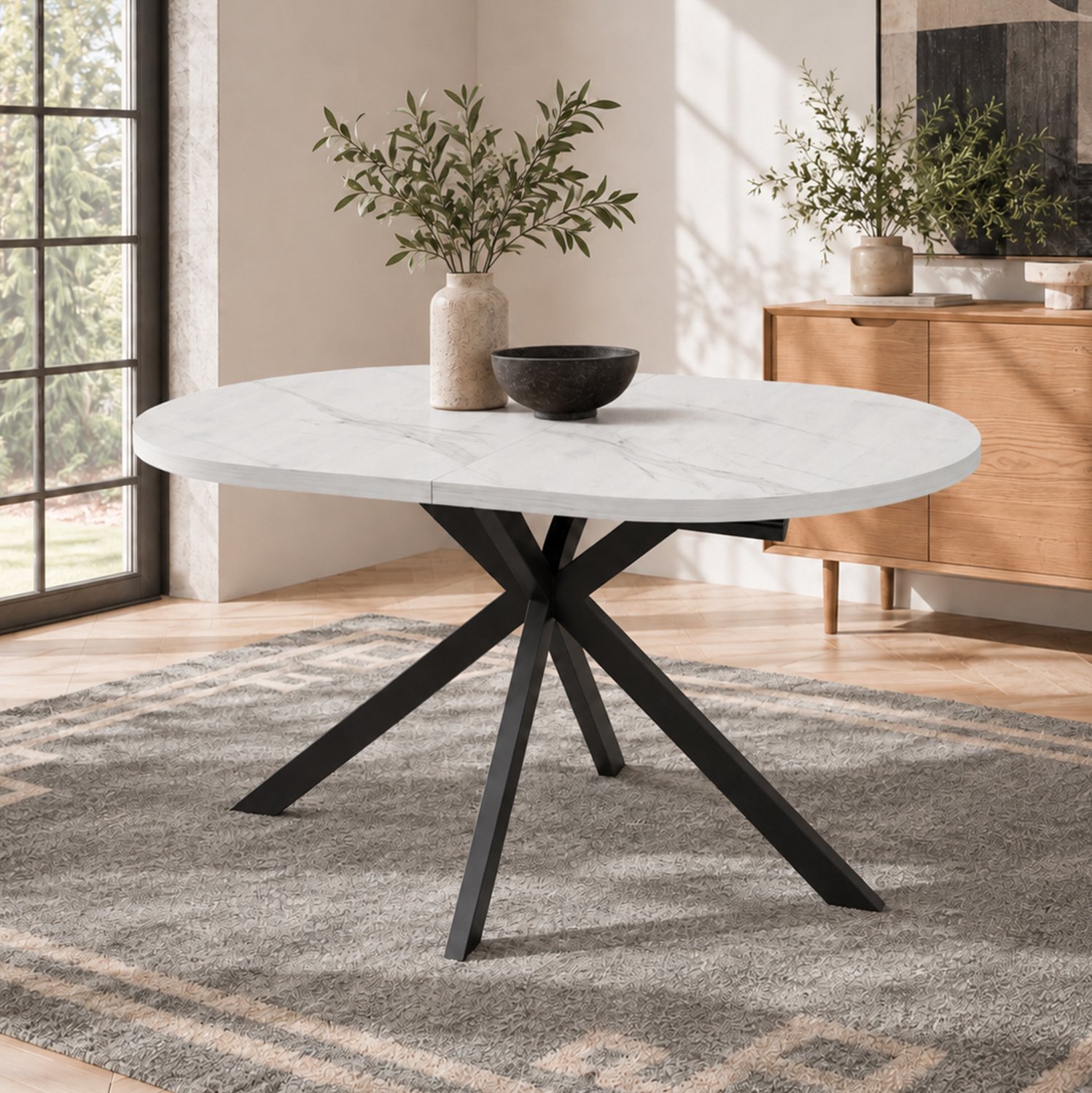 HAUSS SPOLE Eettafel - Uitschuifbaar van 120 naar 160 cm - Ovaal voor Eetkamer en Keuken - MDF en Metaal - Wit - 160 x 80 x 75 cm