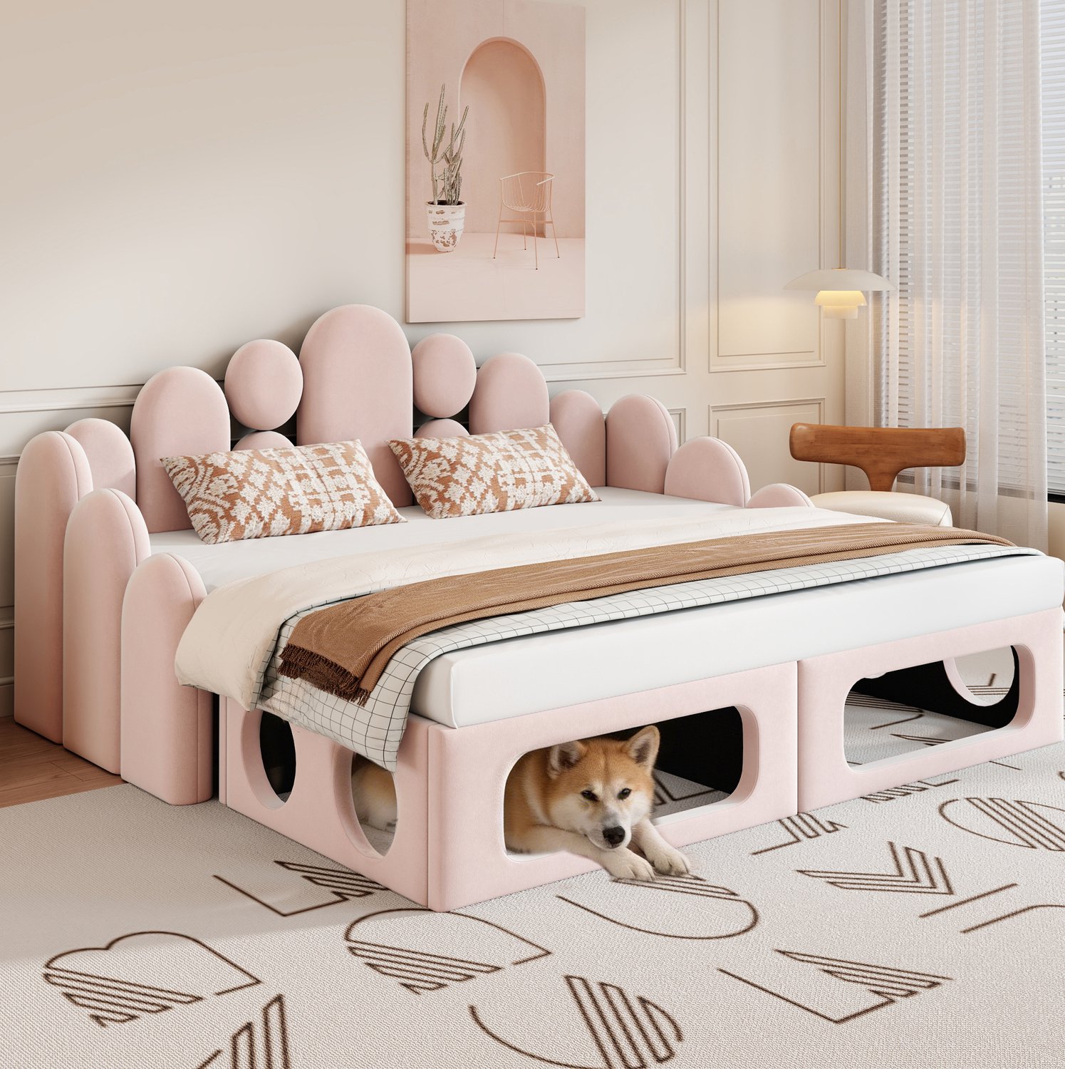 Maisentiel Slaapbank met huisdierbed – fluweel, roze – slaapmaat 180 x 200 cm Lichtroze