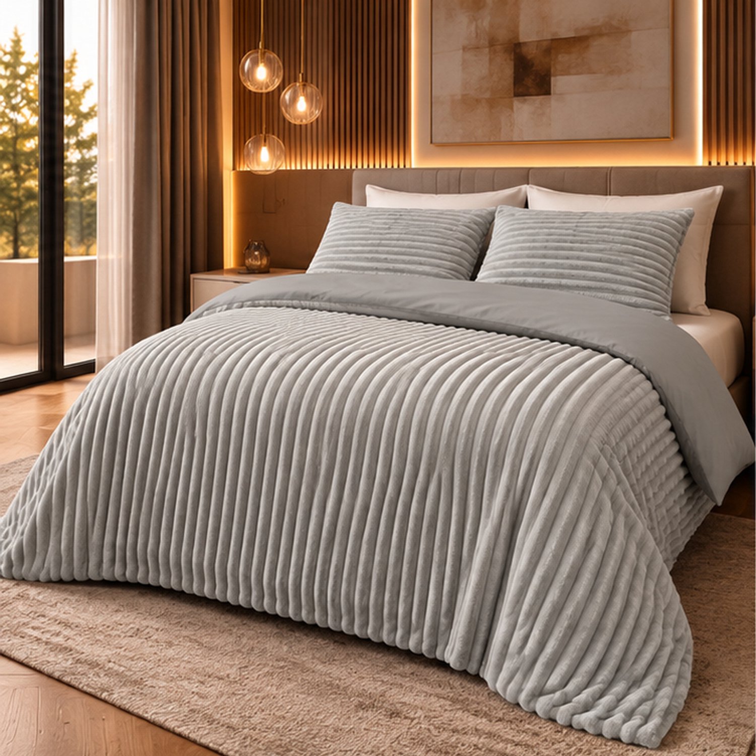 Dormidor Dekbedovertrek Geribde Teddy – 200x200/220 cm – Tweepersoons – Grijs – 2 Kussenslopen