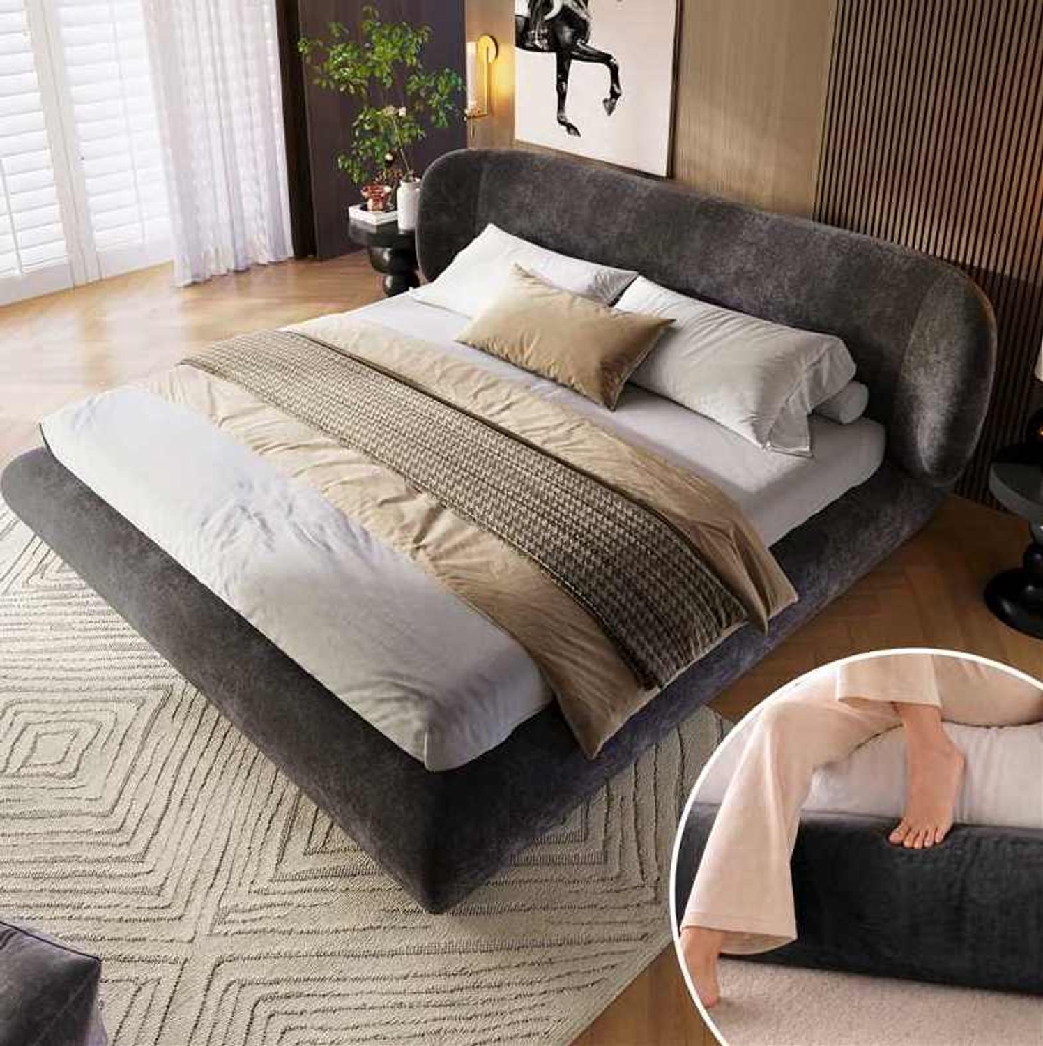 MODFU Gestoffeerd Bed - Afgerond Hoofdbord - Lattenbodem - Chenille - Grijs - 140 X 190 Cm