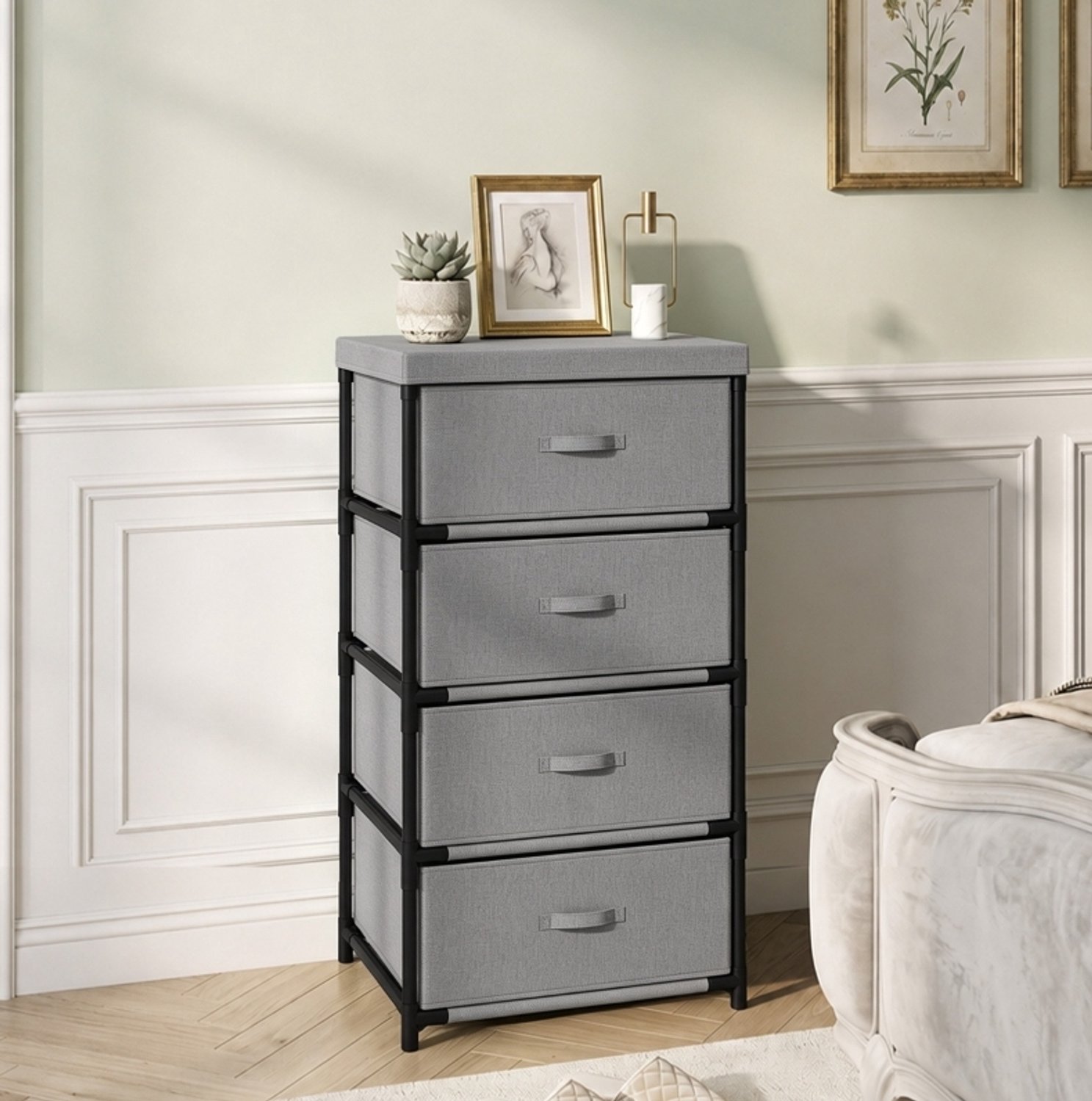 REDOM Ladekast 42x32x80 cm - 4 stoffen laden en stalen frame - Grijs/zwart
