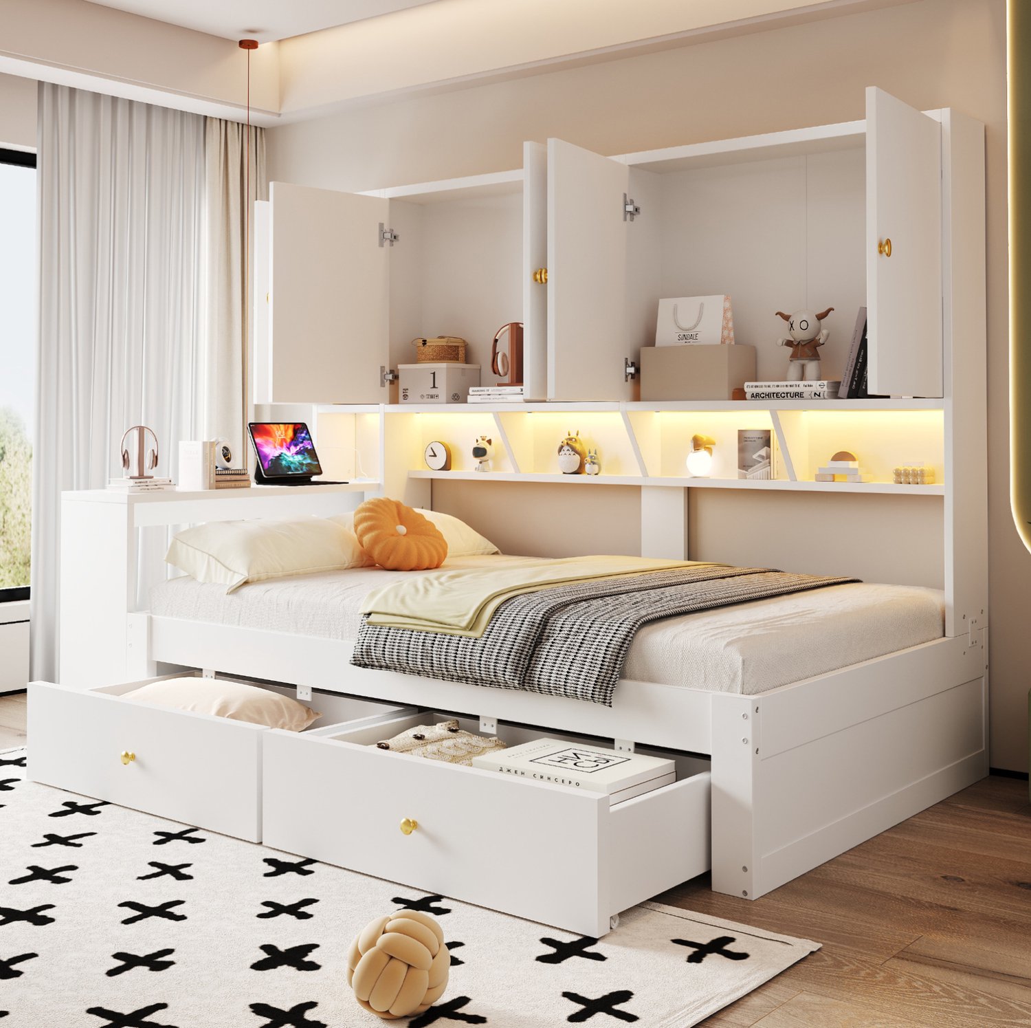 MODFU Multifunctioneel Bed - Met Bureau En Opbergruimte - MDF - Wit - 90 X 200 Cm