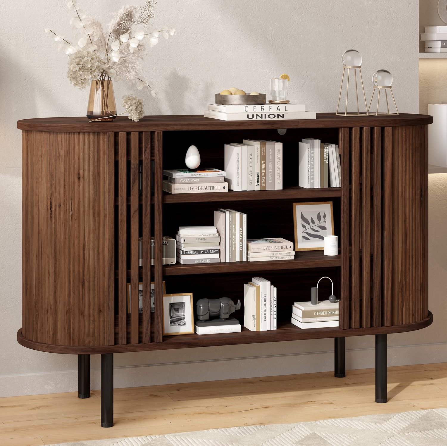 REDOM Dressoir 120 x 40 x 80 cm - 3 open vakken en verstelbare metalen poten - Walnootkleur