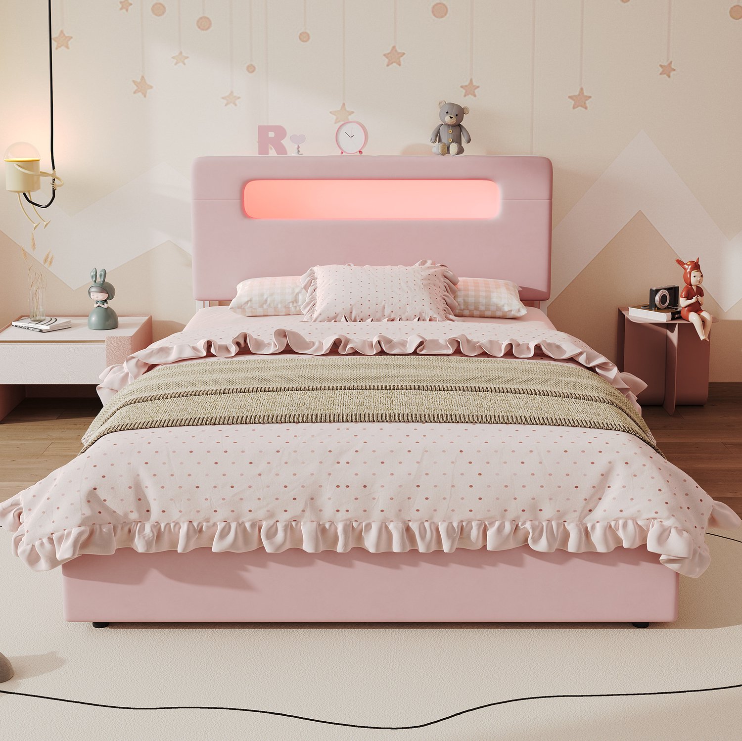 MODFU Kinderbed - 4 Lades - LED-Verlichting - Fluweel - Roze - 140 X 200 Cm