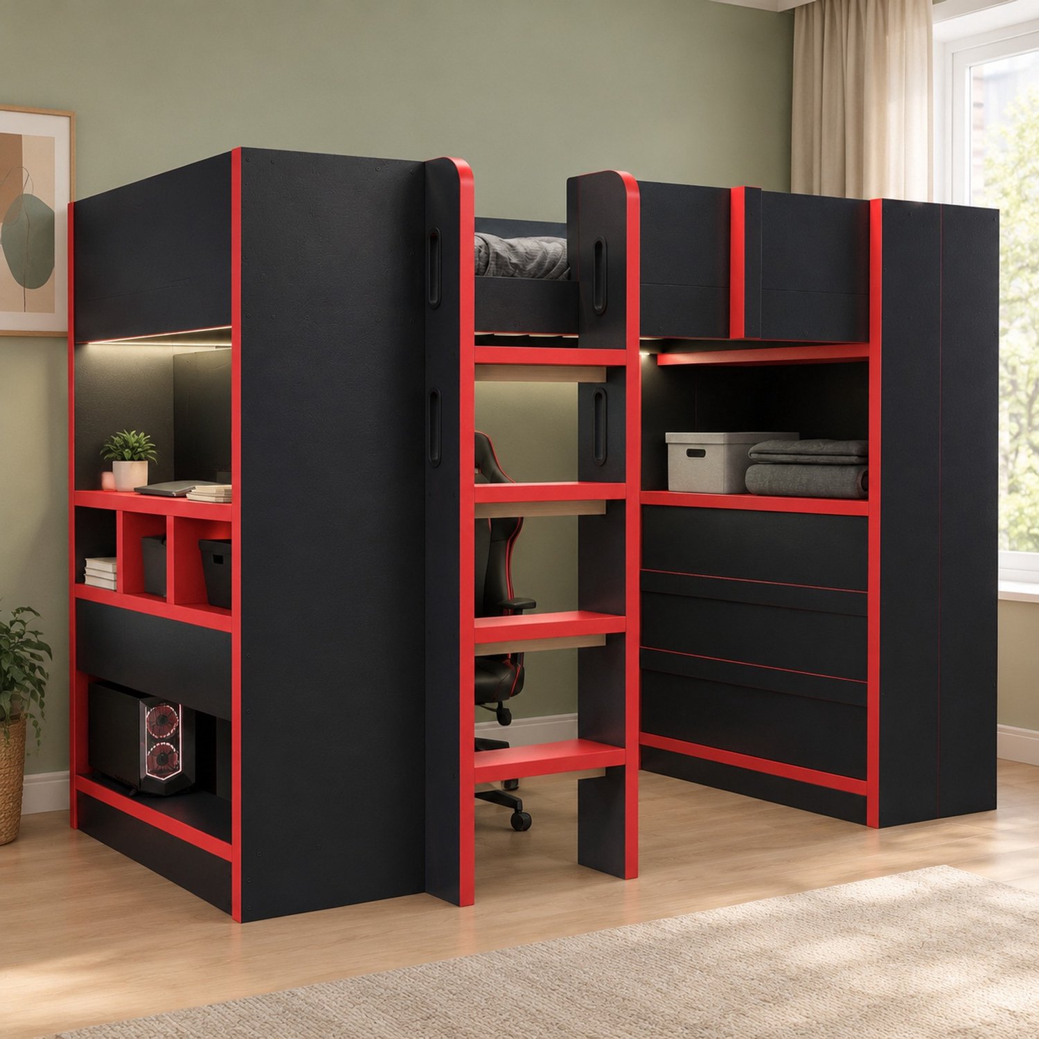 MODFU Hoogslaper - Met Bureau En Opbergruimte - Ledverlichting - Zwart-Rood - 90 X 200 Cm Zwart en rood