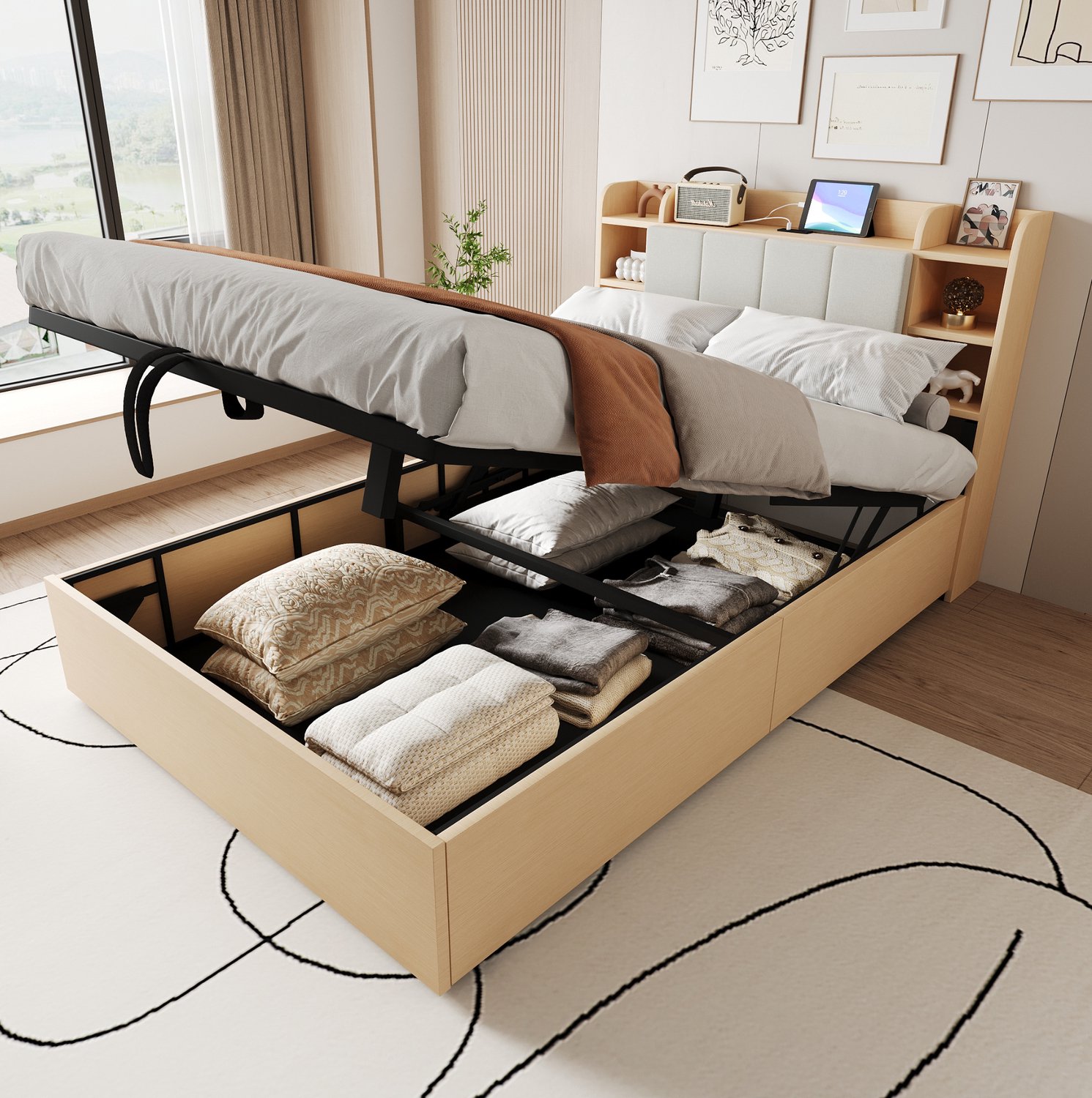 Maisentiel Bed 140 x 200 cm met hydraulische opbergruimte, USB en USB-C - houtkleur Naturel houtkleur