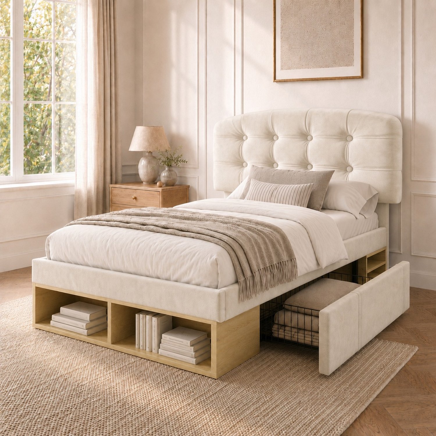 Zubaliya Gestoffeerd bed - 90 x 200 cm - Beige - fluweel - Lades