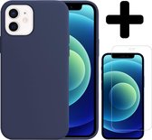 Hoesje Geschikt voor iPhone 12 Hoesje Siliconen Case Hoes Met Screenprotector - Hoes Geschikt voor iPhone 12 Hoes Cover Case - Donkerblauw