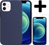 Hoes voor iPhone 12 Hoesje Siliconen Case Met Screenprotector Met Dichte Notch - Hoes voor iPhone 12 Case Siliconen Hoesje Cover - Hoes voor iPhone 12 Hoes Hoesje - Donker Blauw