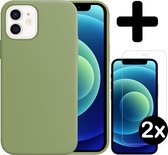 Hoesje Geschikt voor iPhone 12 Hoesje Siliconen Case Hoes Met 2x Screenprotector - Hoes Geschikt voor iPhone 12 Hoes Cover Case - Groen