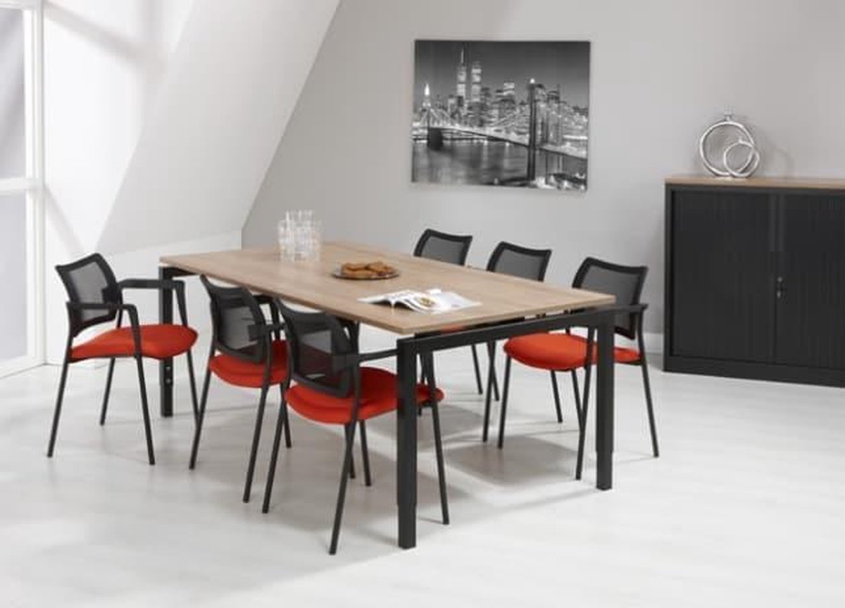 4 poots bureau vergadertafel Kubus breed 200CM diep 100CM bladkleur Halifax Eiken framekleur Wit (RAL9010)