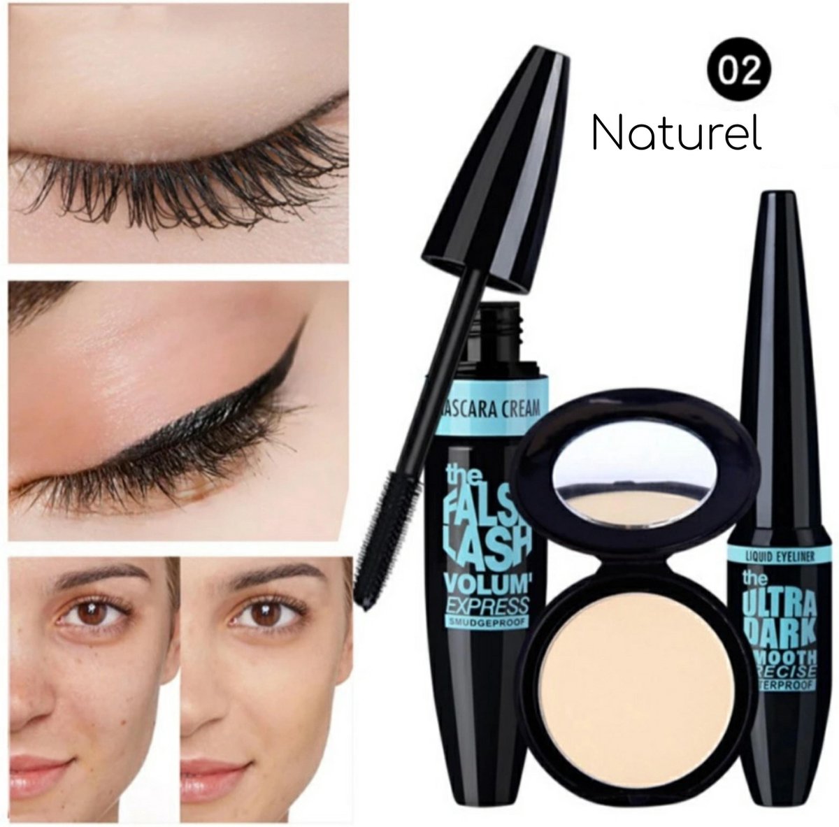 Make up set 3 in 1 Mascara, eyeliner en poeder Waterproof Extreme