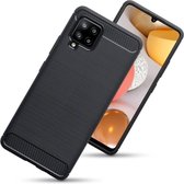 Samsung Galaxy A42 hoesje - MobyDefend TPU Gelcase - Geborsteld Metaal + Carbonlook - Zwart - GSM Hoesje - Telefoonhoesje Geschikt Voor: Samsung Galaxy A42