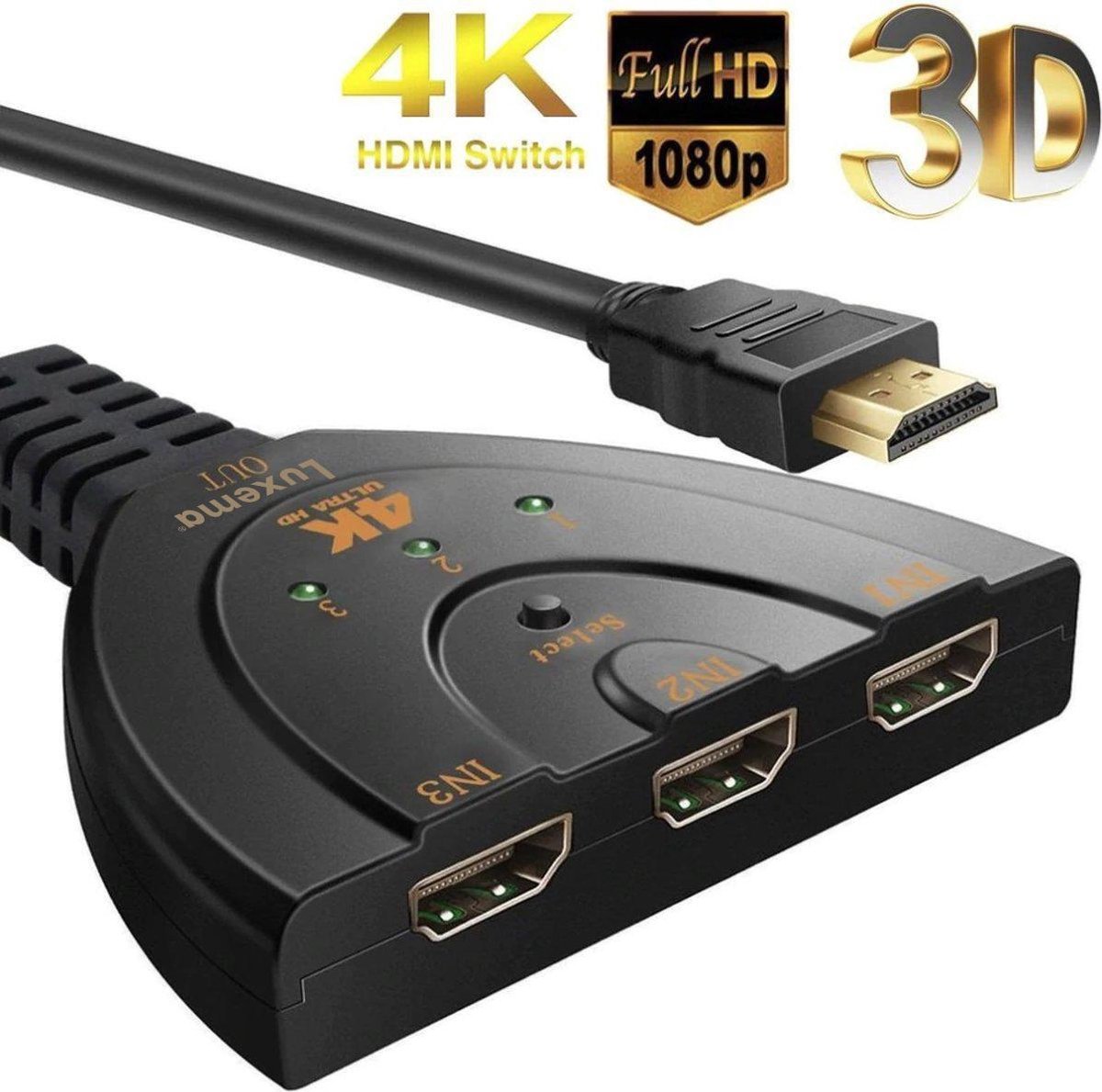 Luxema® - 4K HDMI 1.4 Splitter Switch - 3 in naar 1 uit - 4K 1080p Ultra HD - 3D - ARC - High Speed Internet 10.2Gbit/s - Playstation 5 - XBOX - Nintento - NIEUWSTE VERSIE 1.4B - Ps5 - Zwart - hdmi - hdmi switch - hdmi splitter - Cadeau