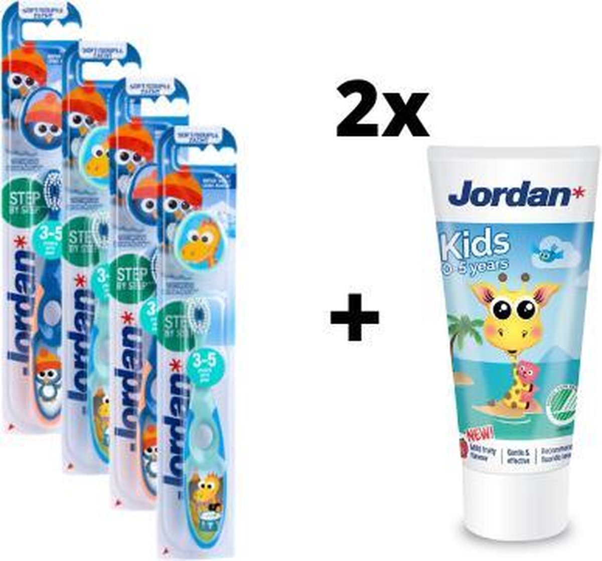 Goedkoopste Jordan Step By Step 2 - 4x Tandenborstel (3-5 jaar) Kleur Blauw/Groen met 2x Jordan Tandpasta 0-5 jaar
