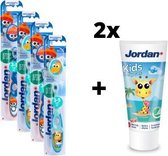 Jordan Step By Step 2  - 4x Tandenborstel (3-5 jaar) Kleur Blauw/Groen met 2x Jordan Tandpasta 0-5 jaar