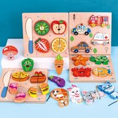 Snijset Houten Speelgoed met mesje - Fruit: Aardbei + Kiwi + Appel + Sinaasappel & Lacing Beads - Vervoer: Brandweerwagen + Politieauto + Ambulance + Taxi - Kinder houten vormenpuzzel