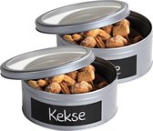 2x Boîtes à biscuits rondes argentées Boîtes de rangement/boîtes de rangement 20 cm avec tableau plat - Boîte de conserve/boîte à biscuits - Boîtes de bonbons