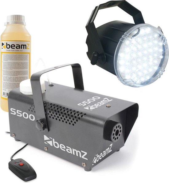 Rookmachine en stroboscoop - BeamZ LED stroboscoop + S500 rookmachine 500W met extra 250ml rookvloeistof (500ml totaal)