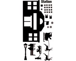 Raamsticker Kerst trein met wagon /  christmas train with wagon compleet met station /  herbruikbaar / statische raamsticker  afmeting 125 cm x 50 bxh