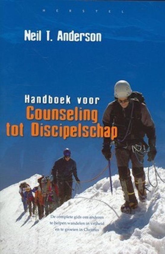 Boek kaft met bergklimmers, 'Handboek voor Counseling tot Discibeldschap' door Neil T. Anderson.