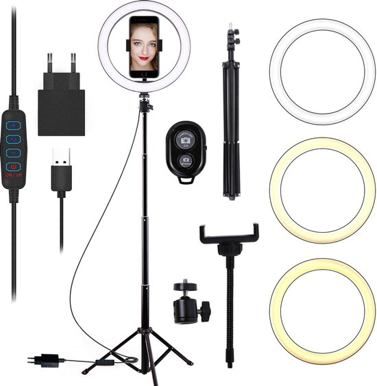 Luuve – Ringlamp met statief - 26 cm/10 inch -186 cm hoog - Studio & vlog lamp – Inclusief adapter – Selfie ring – TikTok lamp