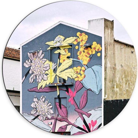 Dibond Wandcirkel - Muurschildering van Bloemen op Gebouw - 70x70cm Foto op Aluminium Wandcirkel (met ophangsysteem)