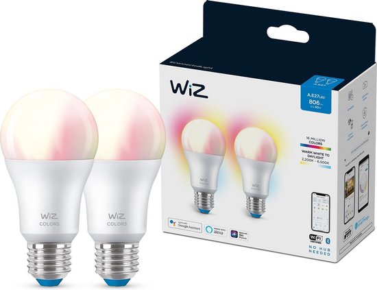 WiZ Lamp Slimme Led Verlichting - Gekleurd en Wit Licht - E27 - 60W - Mat -  WiFi - 2 stuks | bol.com