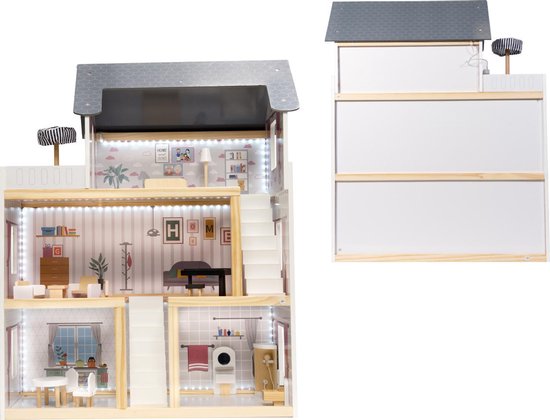 Zeer luxe grote houten poppenhuis/ speelhuis met meubels met LED verlichting 78 cm