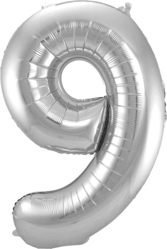 Ballon Cijfer 9 Jaar Zilver Verjaardag Versiering Zilveren Helium Ballonnen Feest Versiering 86 Cm XL Formaat Met Rietje