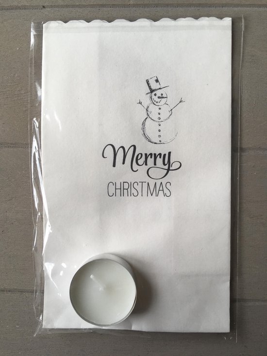 Candlebag met tekst en theelicht,Merry Christmas, Feestdagen/ kerst, relatiegeschenk, sneeuwman, lichtkado in donkere tijden, papieren lantaarn