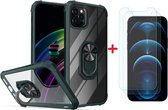 Hoesje Geschikt voor iPhone 12 / 12 Pro Hoesje met Premium ring houder - Hoesje Geschikt voor iPhone 12 kickstand armor backcover Groen + 2X screenprotector