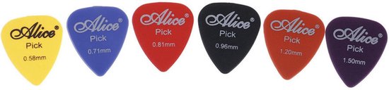 Zes Alice plectrums op een rij: geel, blauw, rood, zwart, oranje en paars, met diktes aangegeven.