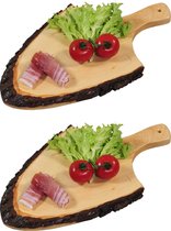 2x Luxe boomstamschijf serveerplanken 18 x 30-35 cm met handvat - Boomschijf plank - Keukenbenodigdheden - Serveerplank van hout