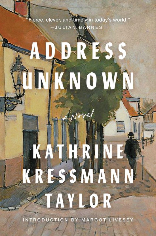 Boek kaft van 'Address Unknown' met een schilderachtig stadsgezicht en de titel in grote witte letters.
