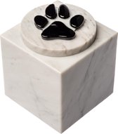Cubos Dierenurn Wit Met Hondenpootje - Kubusvormige Hondenurn Van Wit Marmer Met Een Zwarte Pootafdruk Van Glas