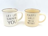 G. Wurm, koffie en thee mok, Happy Girls & Life Surprise You, 300 ml, 2 stuks