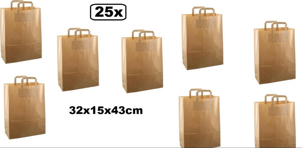 25x Papieren tas 32x15x43cm bruin kraft met platte handgreep - tas papier draagtas food tas