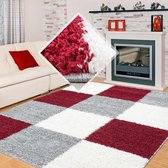 Himalaya Basic Shaggy Geblokt vloerkleed Rood / Grijs Hoogpolig- 200x290 CM.