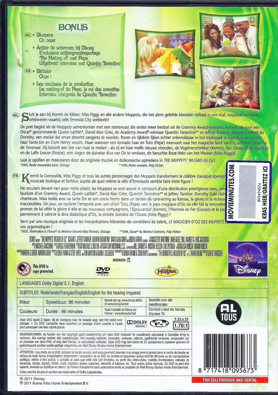 DVD-hoes met tekst 'BONUS' en 'The Muppets Wizard of Oz'. Links, Ashanti. Midden, Kermit de Kikker. Rechts, Miss Piggy in witte hoed.