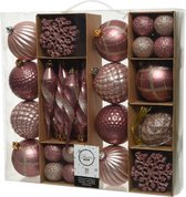 50x Oud roze/lichtroze kerstballen en figuur hangers 4-8-15 cm - Glans en glitter - Mix - Onbreekbare plastic kerstballen - Kerstboomversiering roze