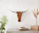 Decoratief-gewei koeienkop teakhout natuur 63x40cm massief hout hoorn zilver